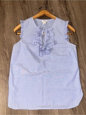 J. Crew Light Blue Pleated Ruffle-Trim Sleeveless Top Cotton Blouse